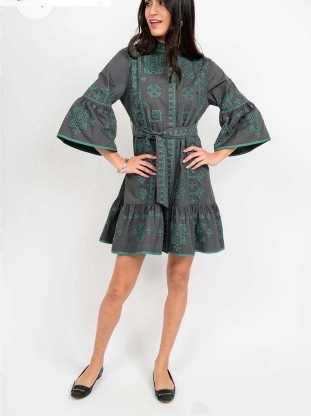 Uncle Frank Gray Dress with Teal Cross-Stitch